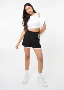 Shorts>Pink Vanilla Black Lace Trim Stripe Shorts