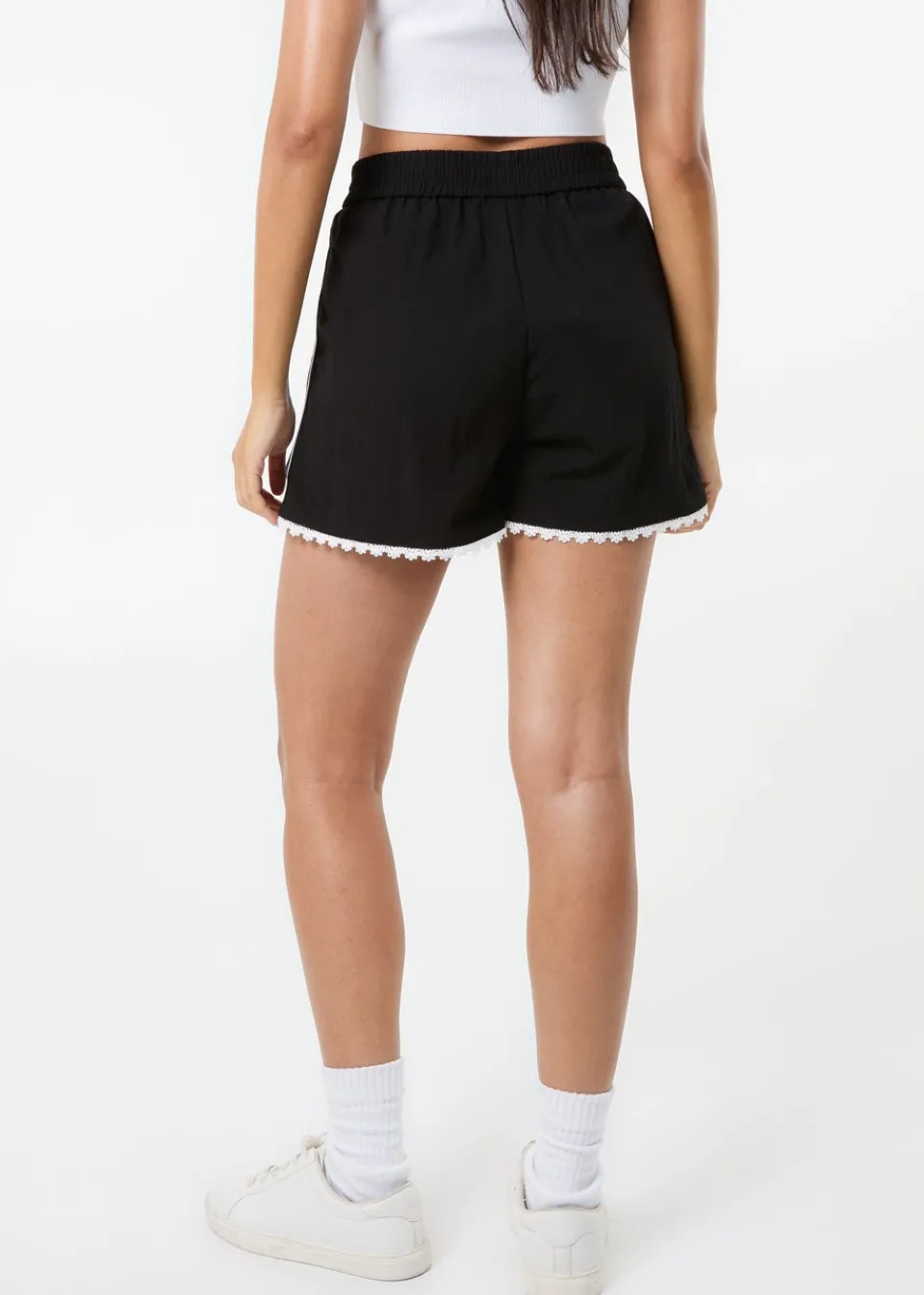 Shorts>Pink Vanilla Black Lace Trim Stripe Shorts