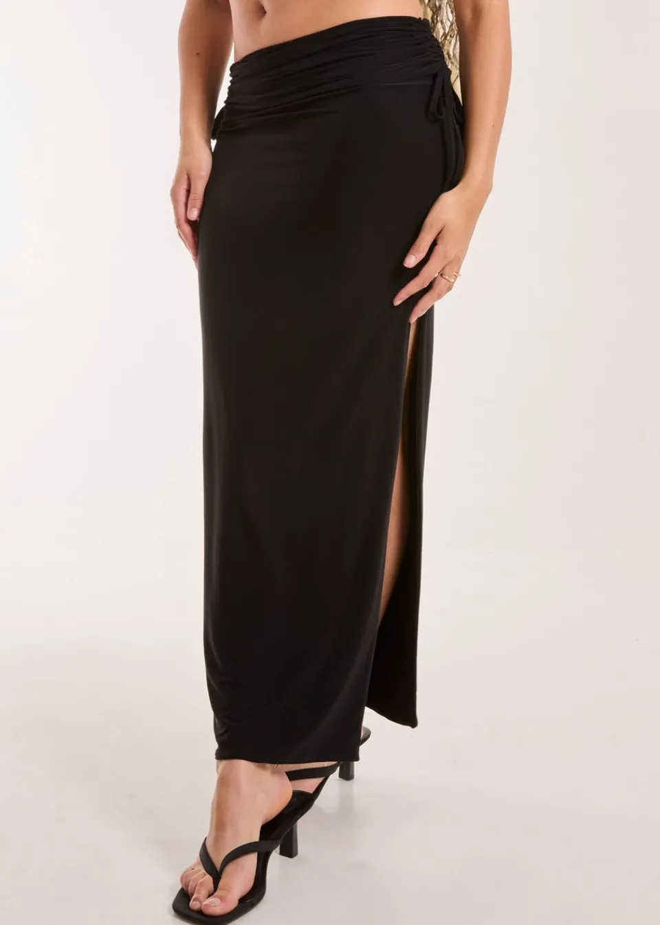 Skirts>Pink Vanilla Black Low Rise Fold Over Slinky Maxi Skirt