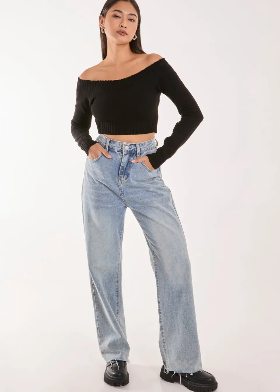 Tops>Pink Vanilla Black Off Shoulder Crop Knit Top