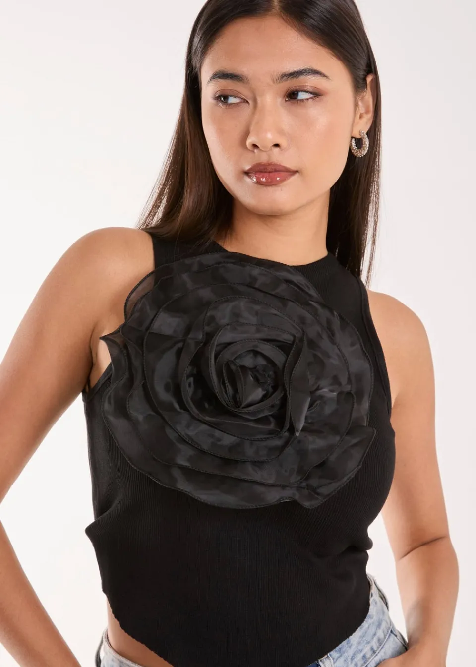 Tops>Pink Vanilla Black Oversized Ruffle Corsage Top