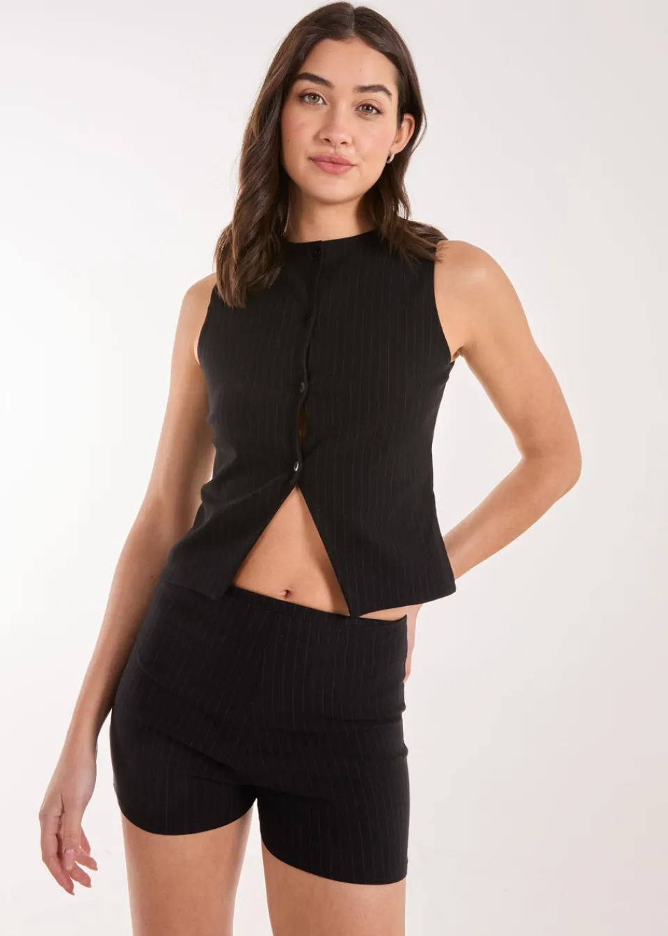 Tops>Pink Vanilla Black Pinstripe Button Front Longline Waistcoat
