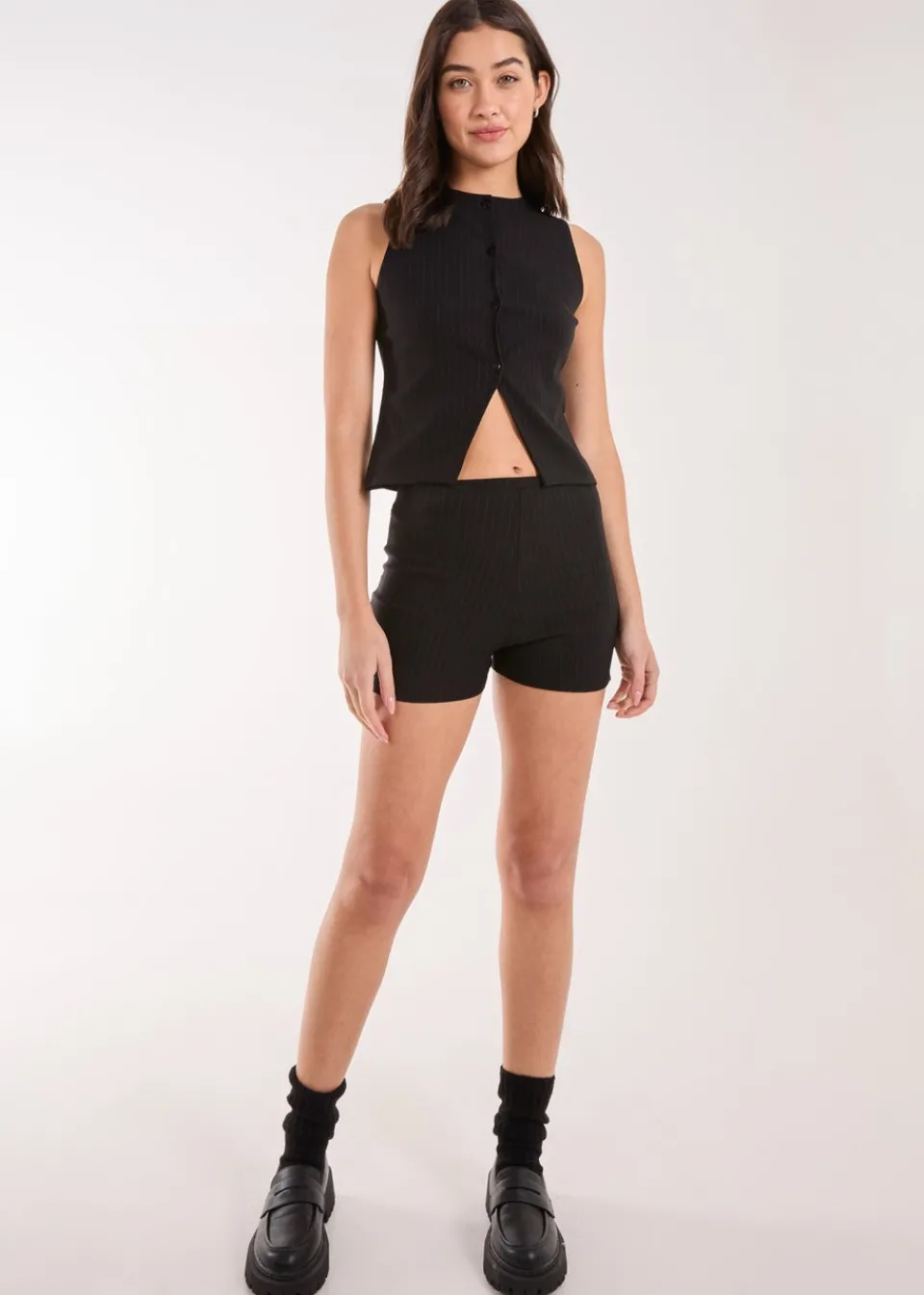 Tops>Pink Vanilla Black Pinstripe Button Front Longline Waistcoat