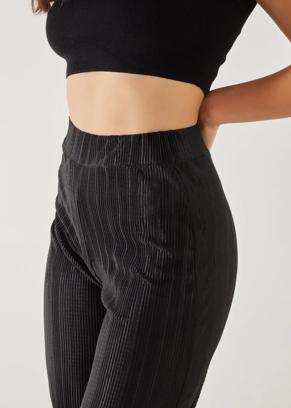 Trousers>Pink Vanilla Plisse Flared Trousers Black