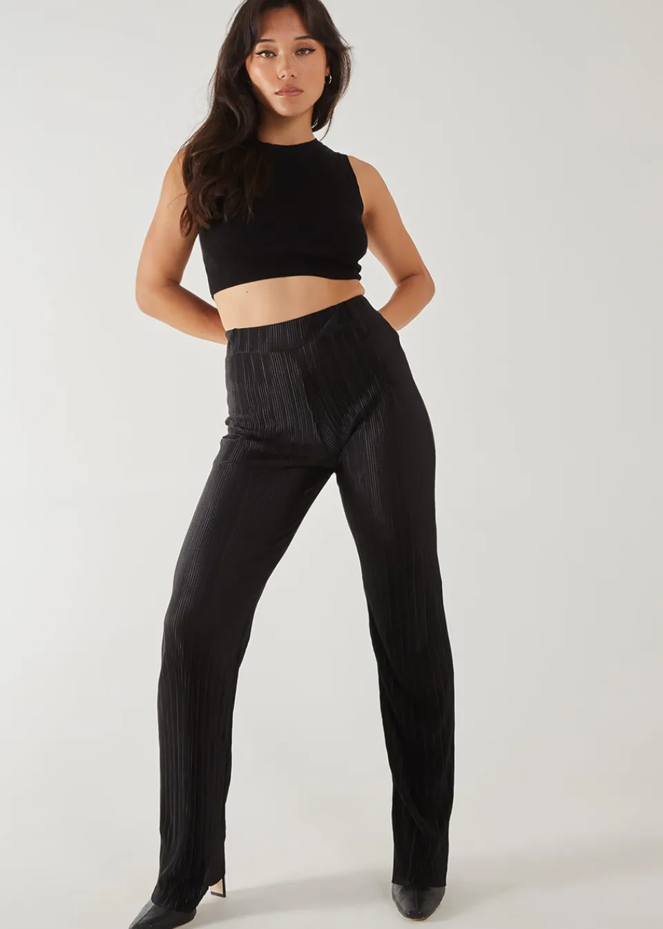 Trousers>Pink Vanilla Plisse Flared Trousers Black