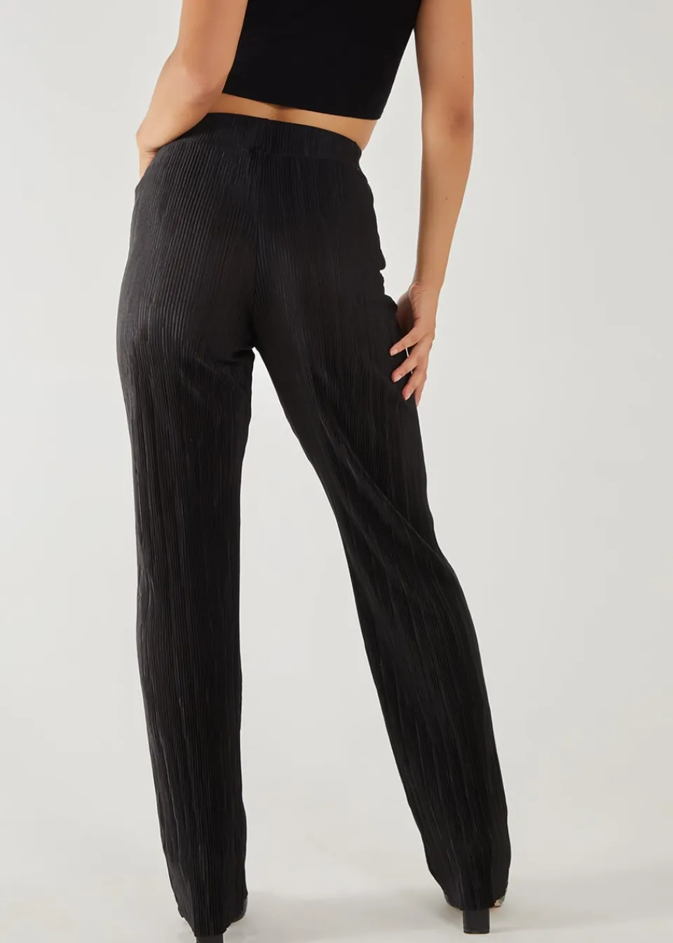 Trousers>Pink Vanilla Plisse Flared Trousers Black