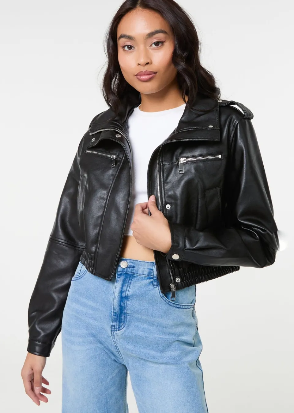 Coats & Jackets>Pink Vanilla Black Pocket Detail PU Cropped Bomber Jacket