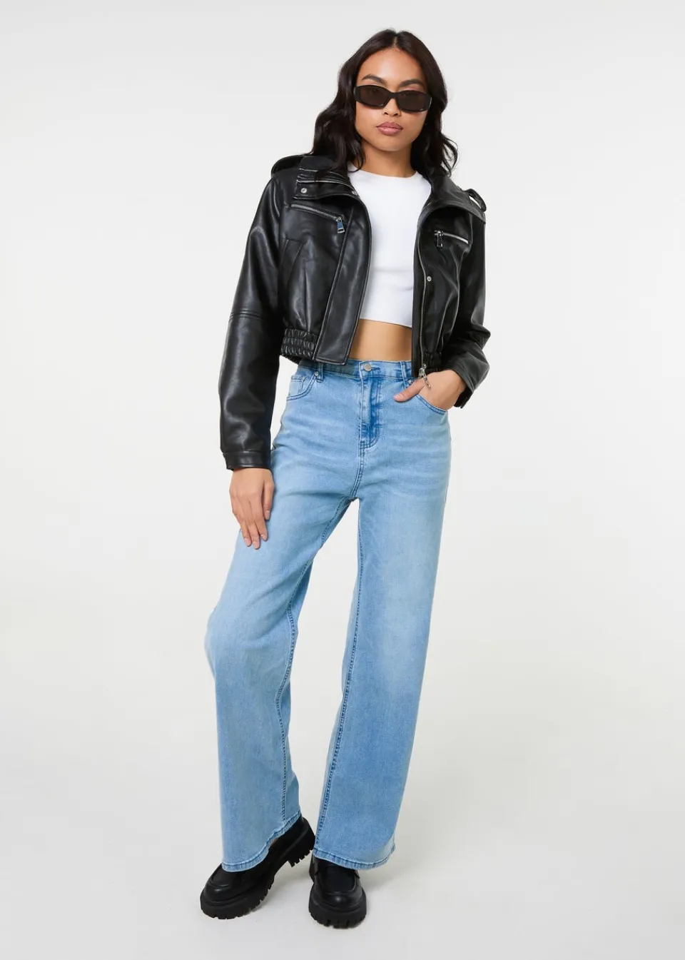 Coats & Jackets>Pink Vanilla Black Pocket Detail PU Cropped Bomber Jacket
