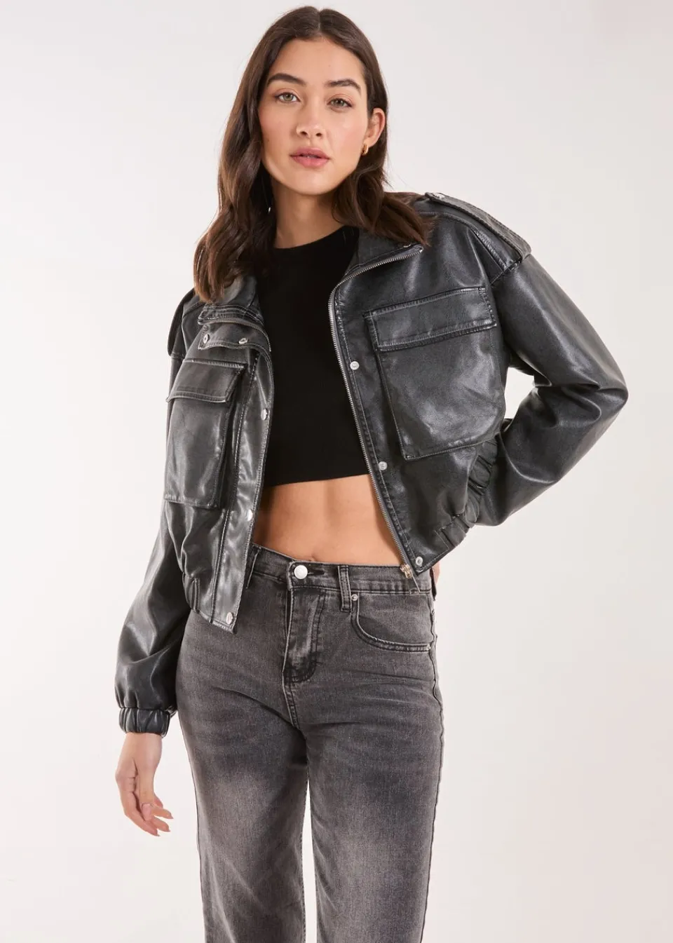 Coats & Jackets>Pink Vanilla Black PU Utility Cropped Bomber Jacket
