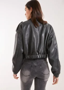 Coats & Jackets>Pink Vanilla Black PU Utility Cropped Bomber Jacket