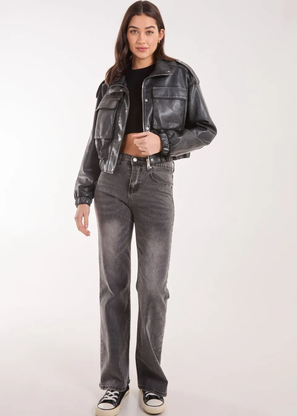 Coats & Jackets>Pink Vanilla Black PU Utility Cropped Bomber Jacket