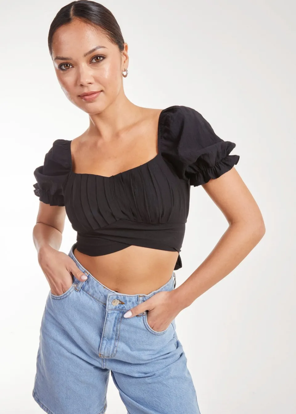 Tops>Pink Vanilla Black Puff Sleeve Tie Back Top