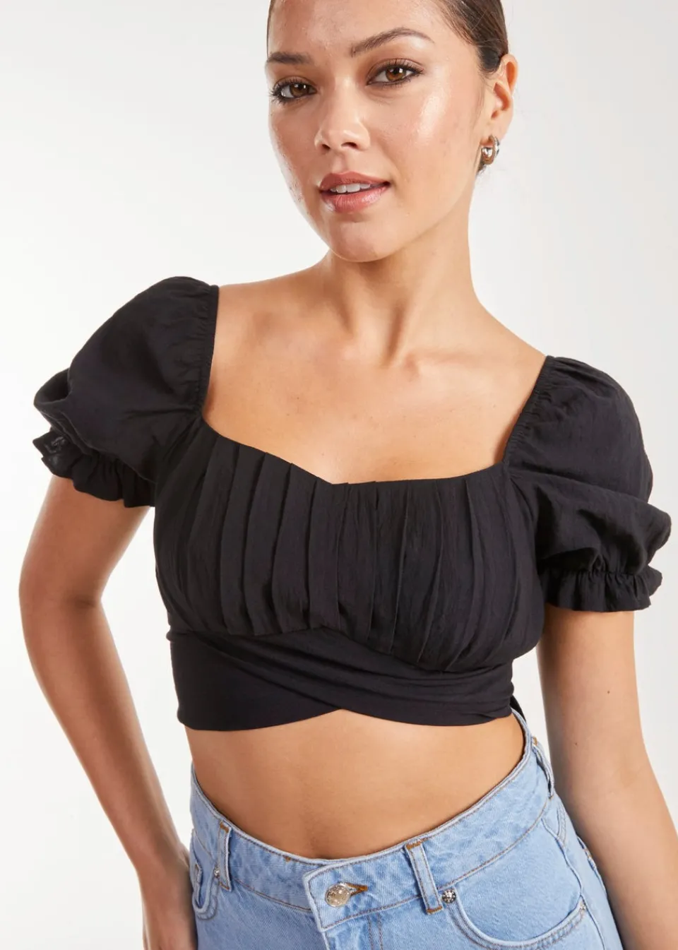 Tops>Pink Vanilla Black Puff Sleeve Tie Back Top