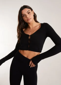 Tops>Pink Vanilla Rib Long Sleeve Button Down Top Black