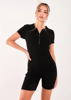 Jumpsuits & Playsuits>Pink Vanilla Black Ribbed Collar Zip Up Unitard