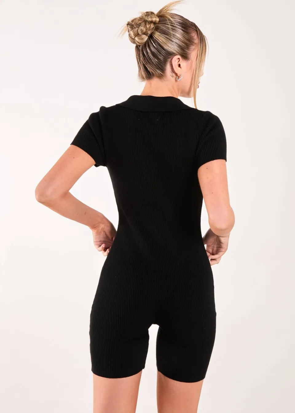Jumpsuits & Playsuits>Pink Vanilla Black Ribbed Collar Zip Up Unitard