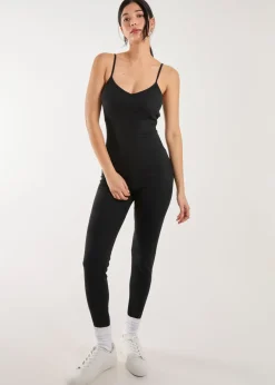 Jumpsuits & Playsuits>Pink Vanilla Ribbed Bodycon Unitard All in One Black