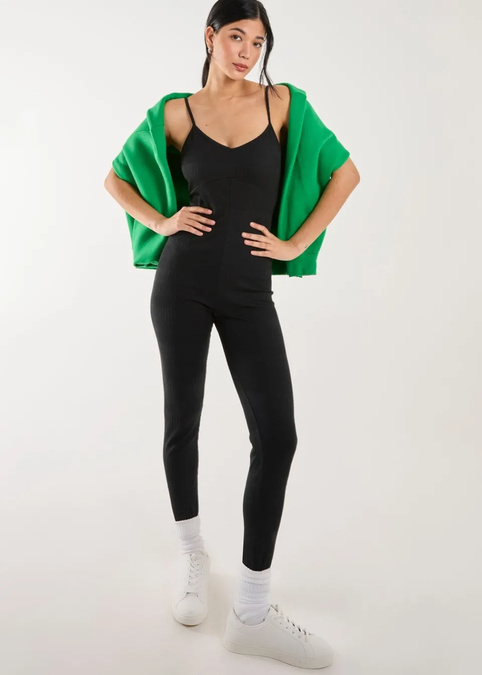 Jumpsuits & Playsuits>Pink Vanilla Ribbed Bodycon Unitard All in One Black