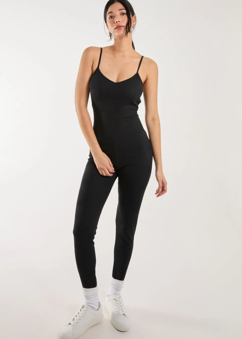 Jumpsuits & Playsuits>Pink Vanilla Ribbed Bodycon Unitard All in One Black