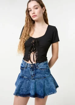 T-Shirts>Pink Vanilla Black Ribbed Lace Tie Front Top