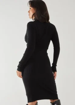 Knitwear>Pink Vanilla Black Ribbed Roll Neck Midi Dress