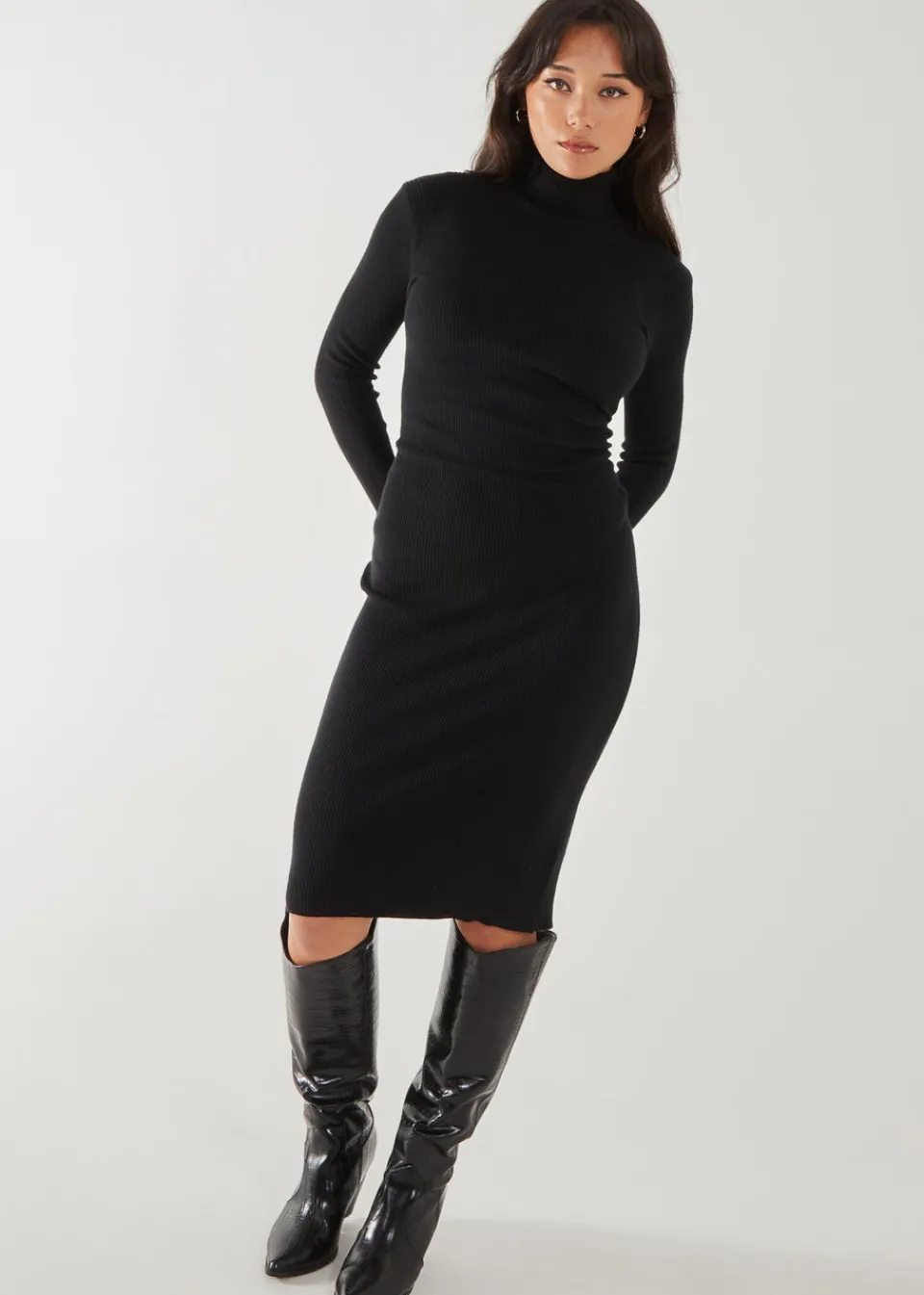 Knitwear>Pink Vanilla Black Ribbed Roll Neck Midi Dress