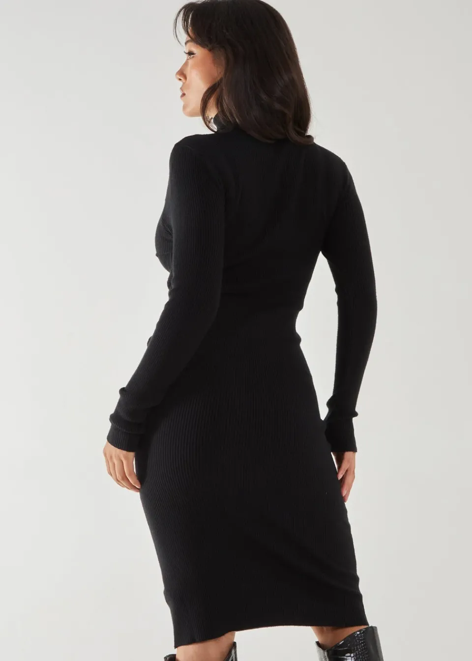 Knitwear>Pink Vanilla Black Ribbed Roll Neck Midi Dress