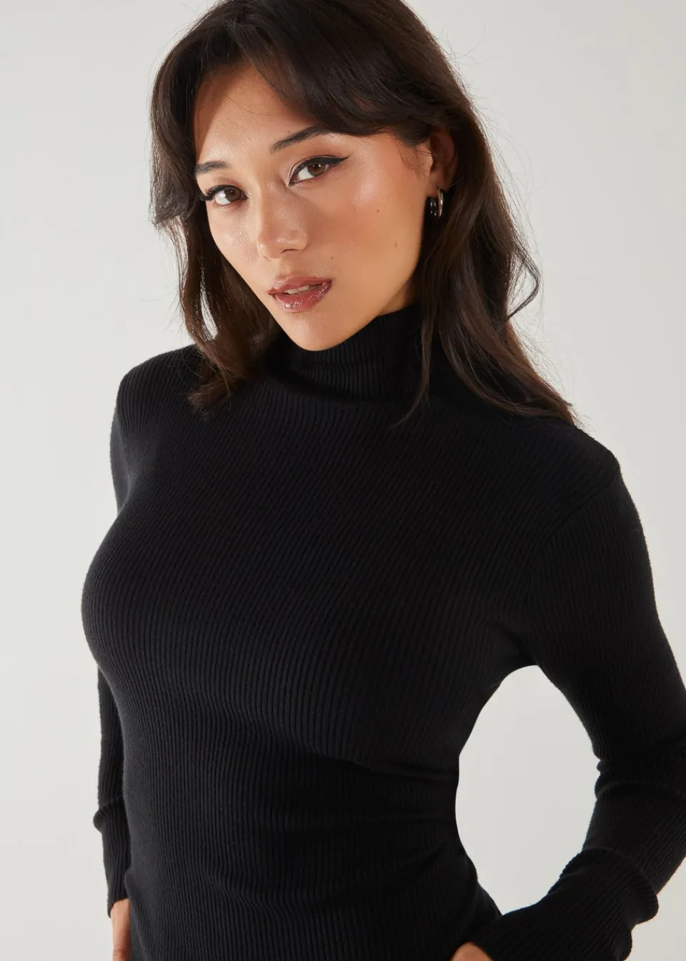 Knitwear>Pink Vanilla Black Ribbed Roll Neck Midi Dress