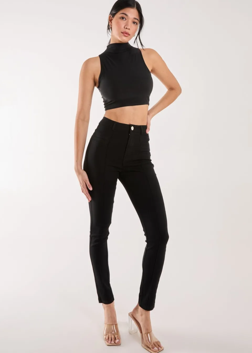 Trousers>Pink Vanilla Slim Fit Seam Detail Trousers Black