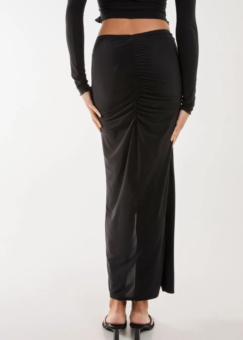 Skirts>Pink Vanilla Black Slinky Ruched Maxi Skirt