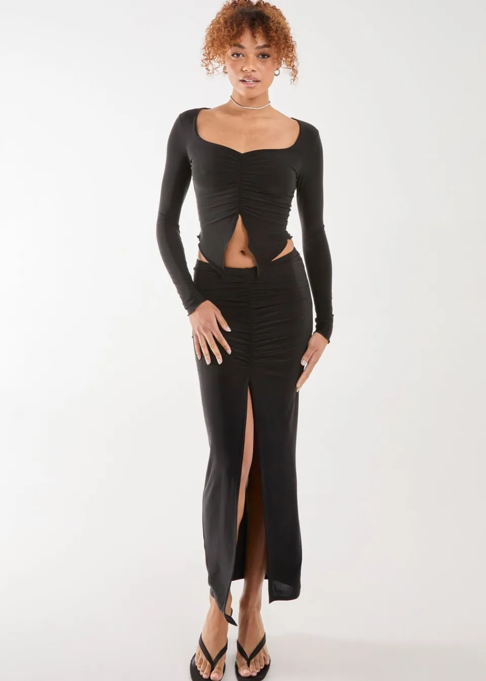 Skirts>Pink Vanilla Black Slinky Ruched Maxi Skirt