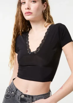 Tops>Pink Vanilla Black Slinky V Neck Top With Lace Trim