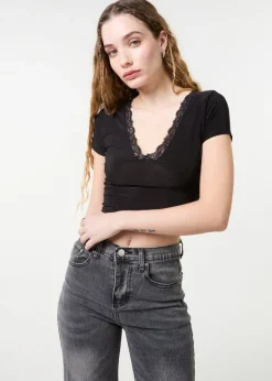 Tops>Pink Vanilla Black Slinky V Neck Top With Lace Trim