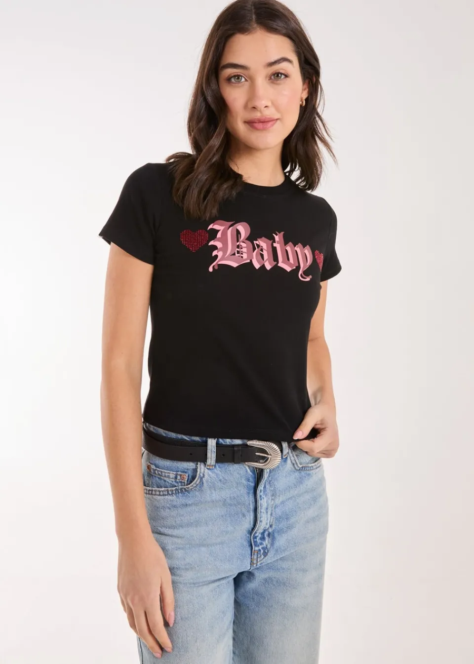 T-Shirts>Pink Vanilla Black Slogan Heart Diamante Baby Tee