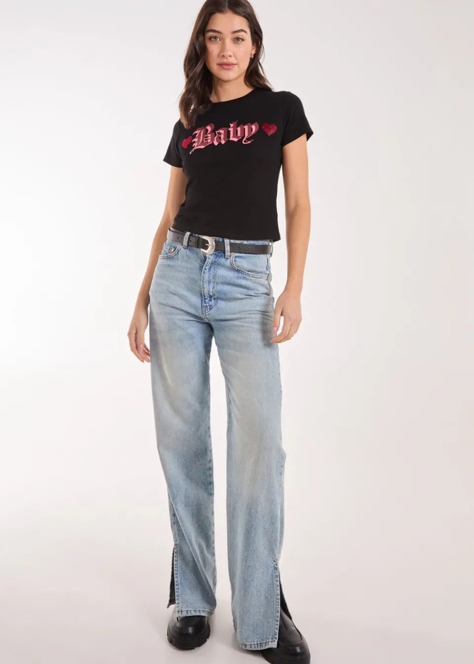 T-Shirts>Pink Vanilla Black Slogan Heart Diamante Baby Tee