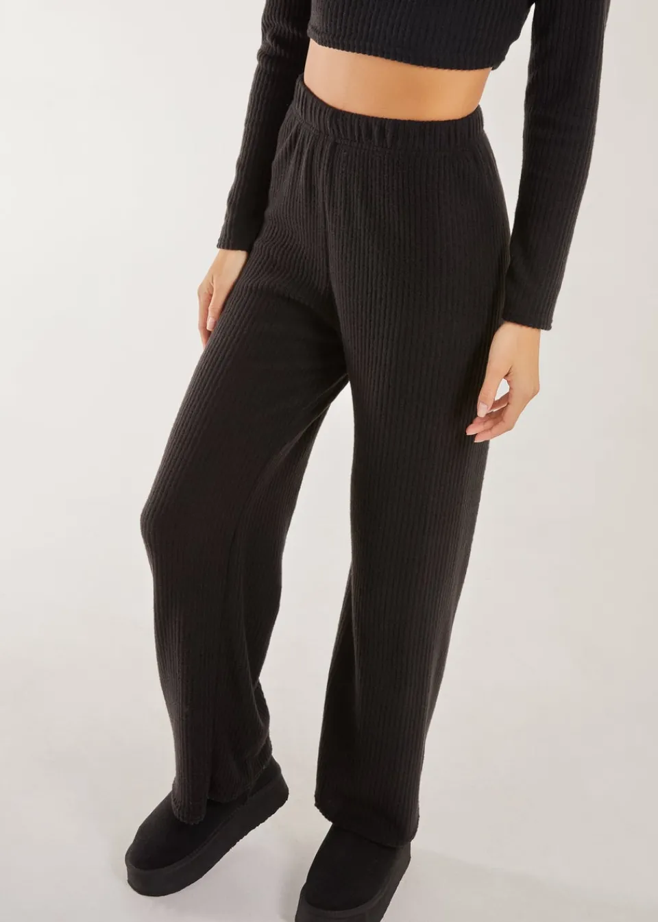 Trousers>Pink Vanilla Soft Brushed Rib Flares Black