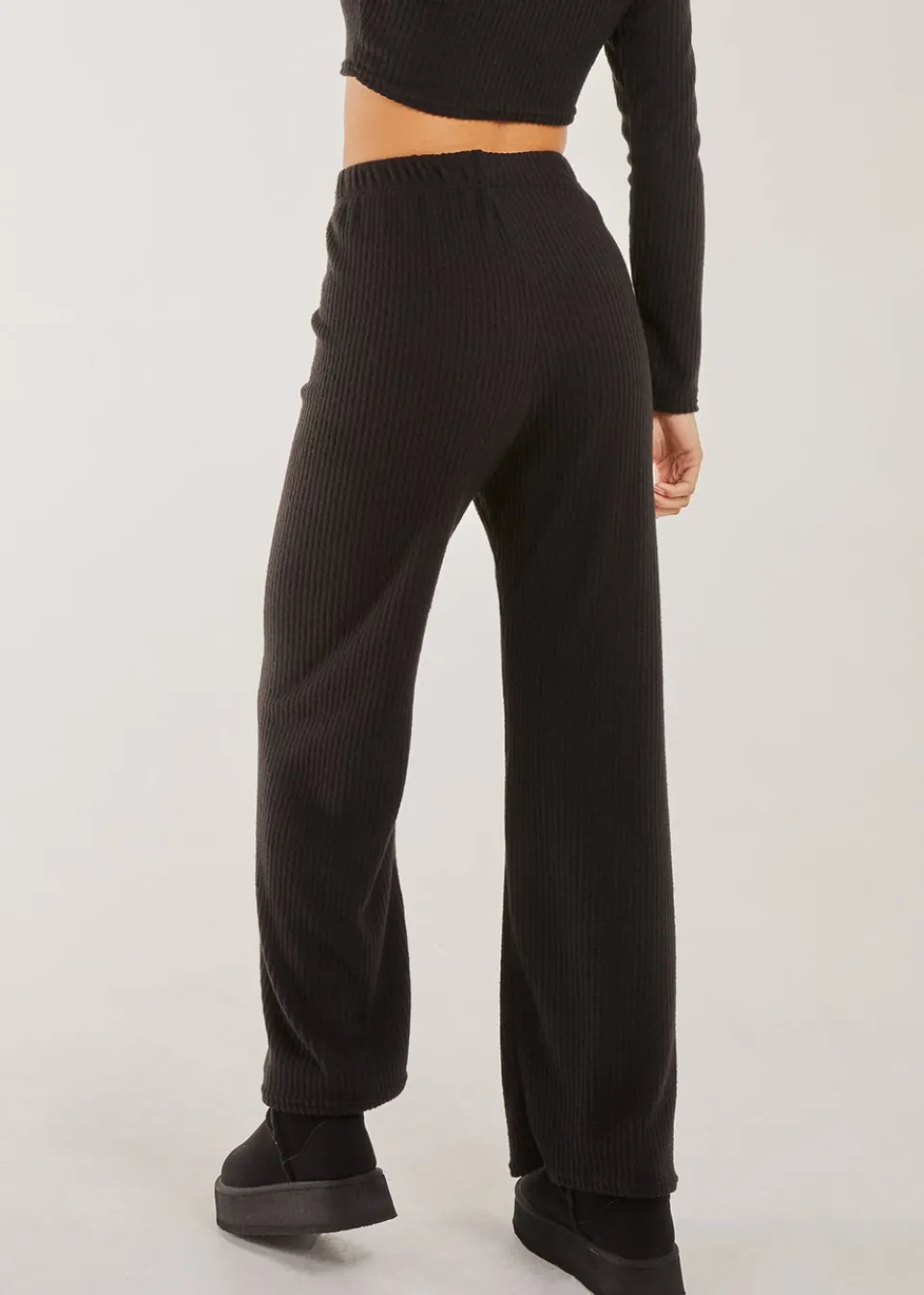 Trousers>Pink Vanilla Soft Brushed Rib Flares Black