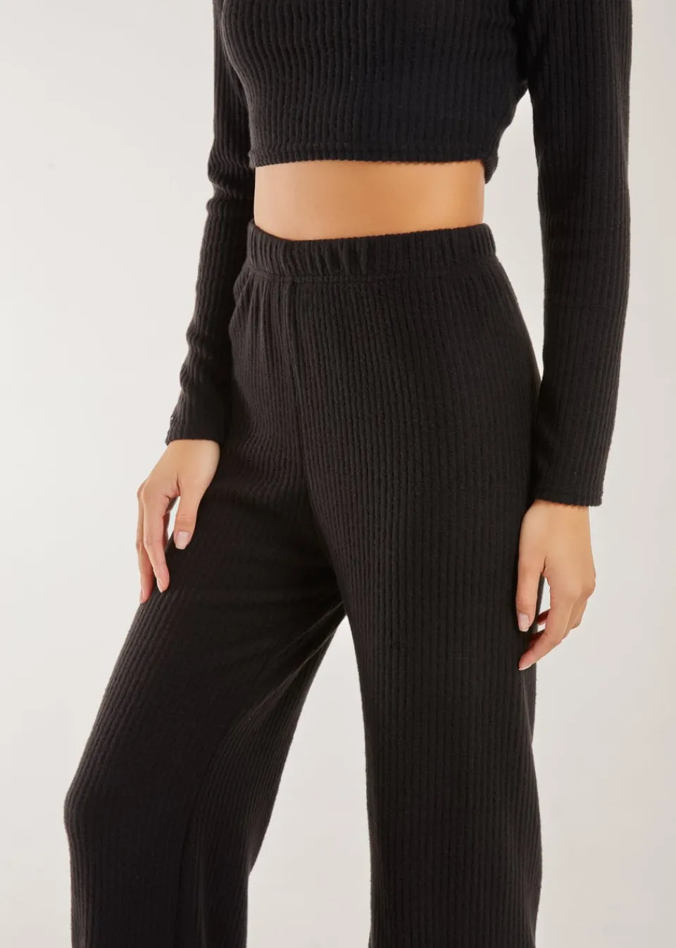 Trousers>Pink Vanilla Soft Brushed Rib Flares Black