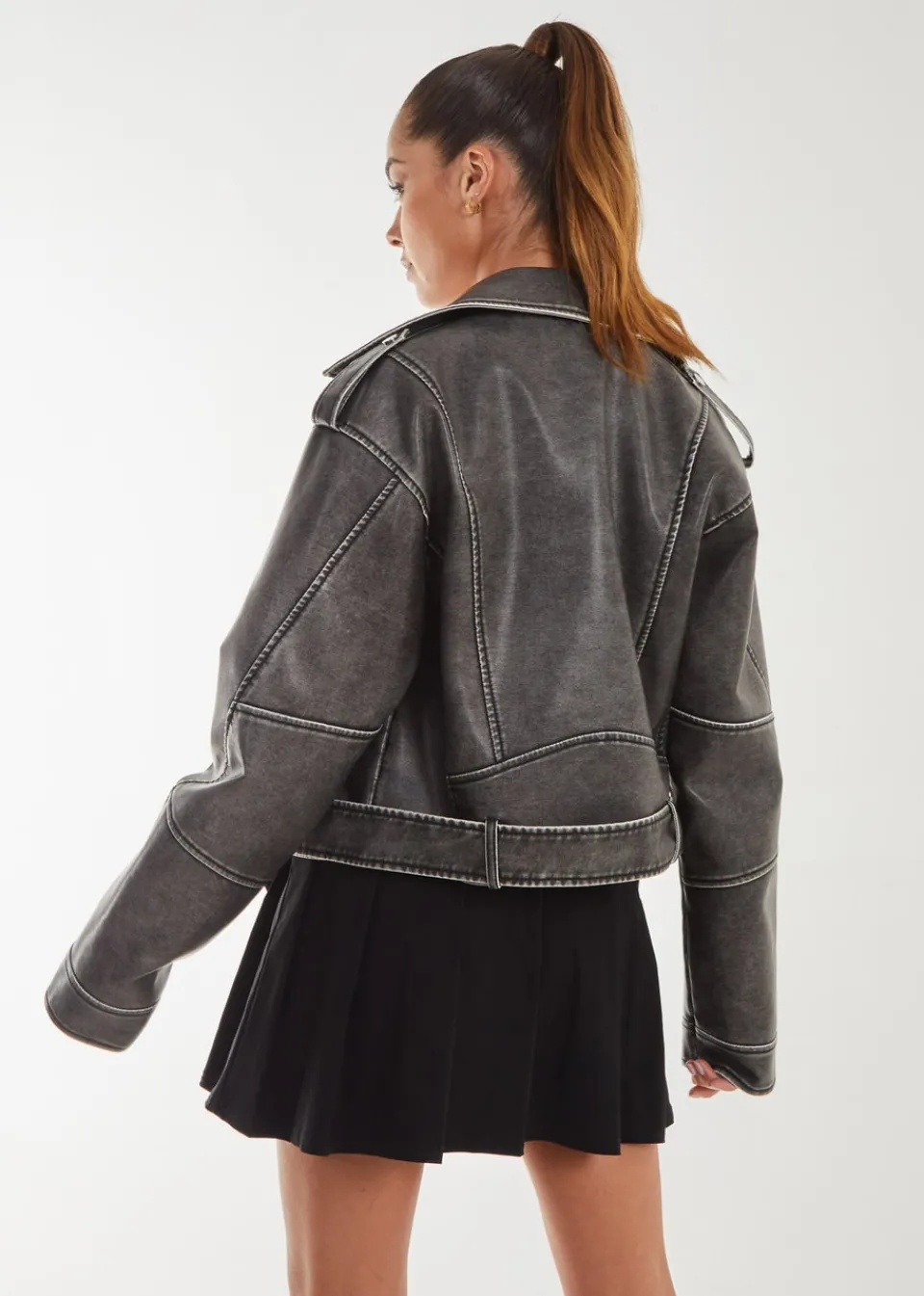Coats & Jackets>Pink Vanilla Black Stone Wash PU Biker Jacket