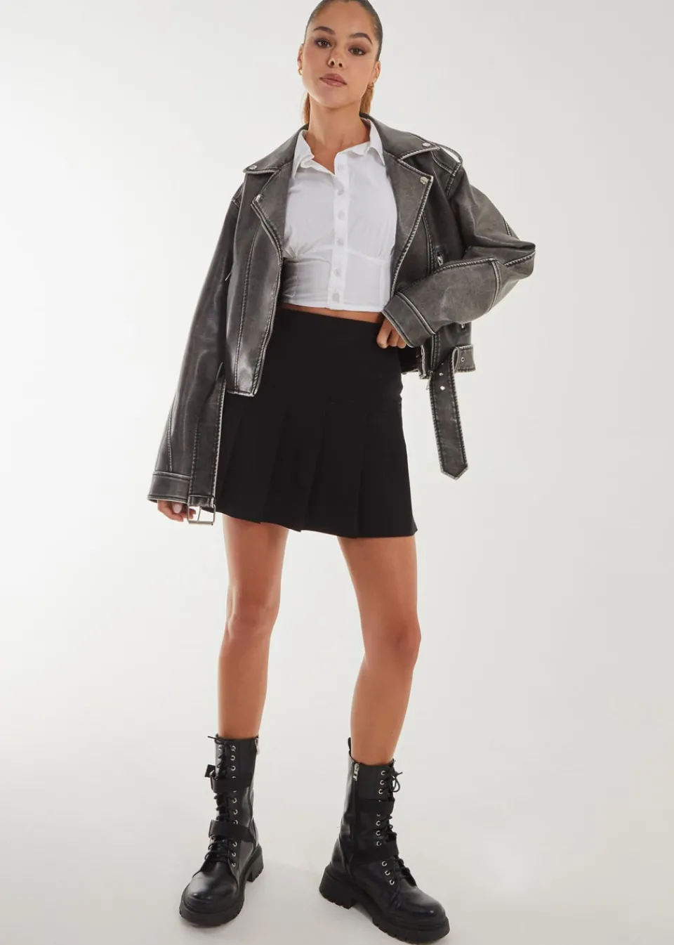 Coats & Jackets>Pink Vanilla Black Stone Wash PU Biker Jacket