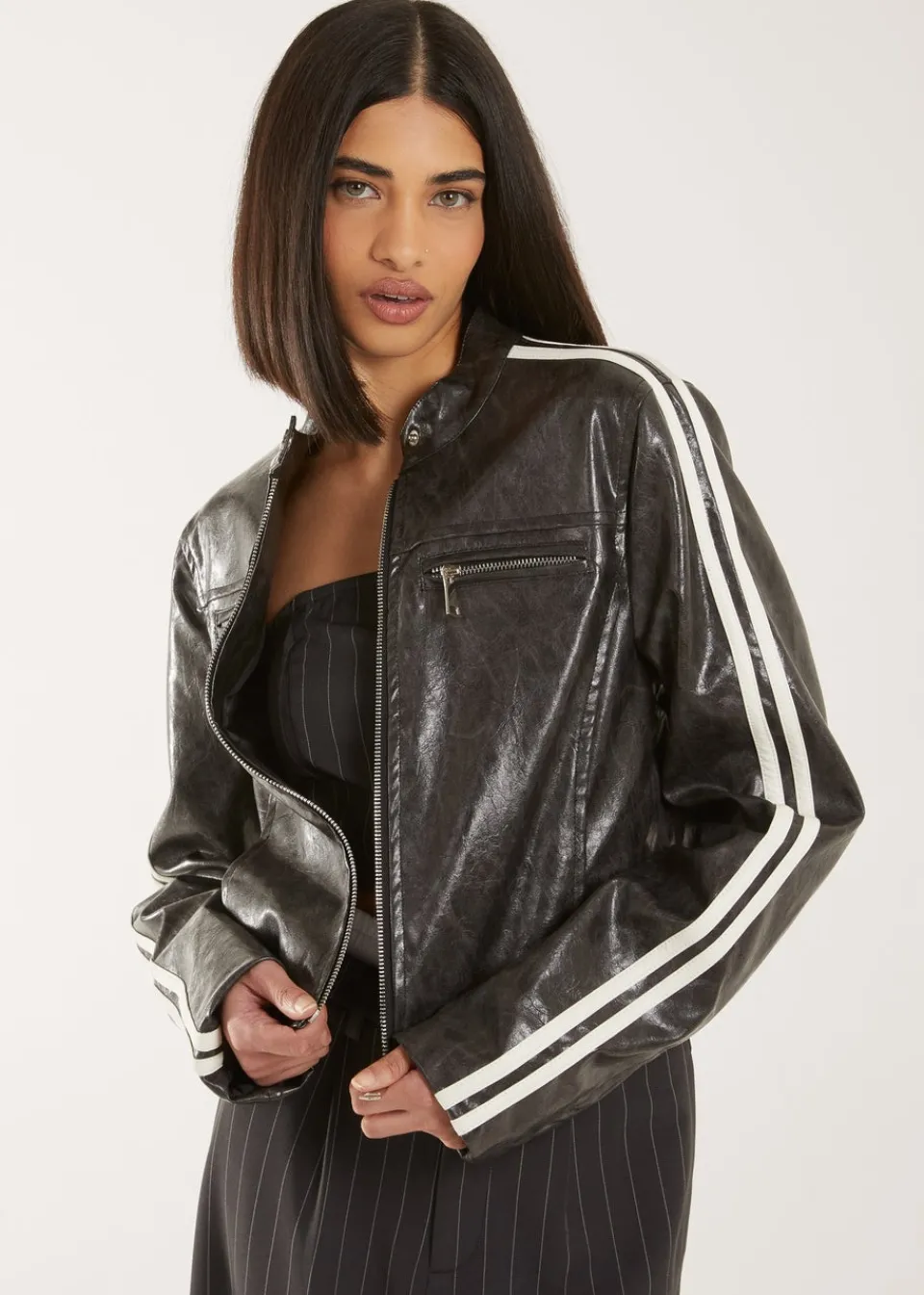 Coats & Jackets>Pink Vanilla Black Stone Wash Motor Jacket