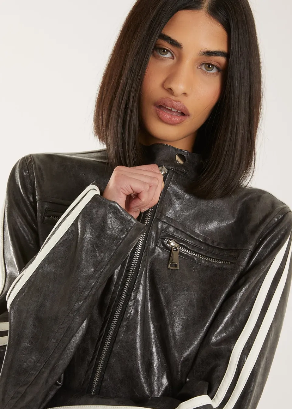 Coats & Jackets>Pink Vanilla Black Stone Wash Motor Jacket