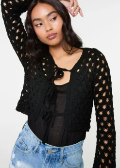 Tops>Pink Vanilla Black Tie Front Cardigan