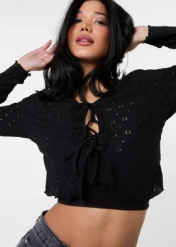 Tops>Pink Vanilla Black Tie Front Cutwork Cardigan