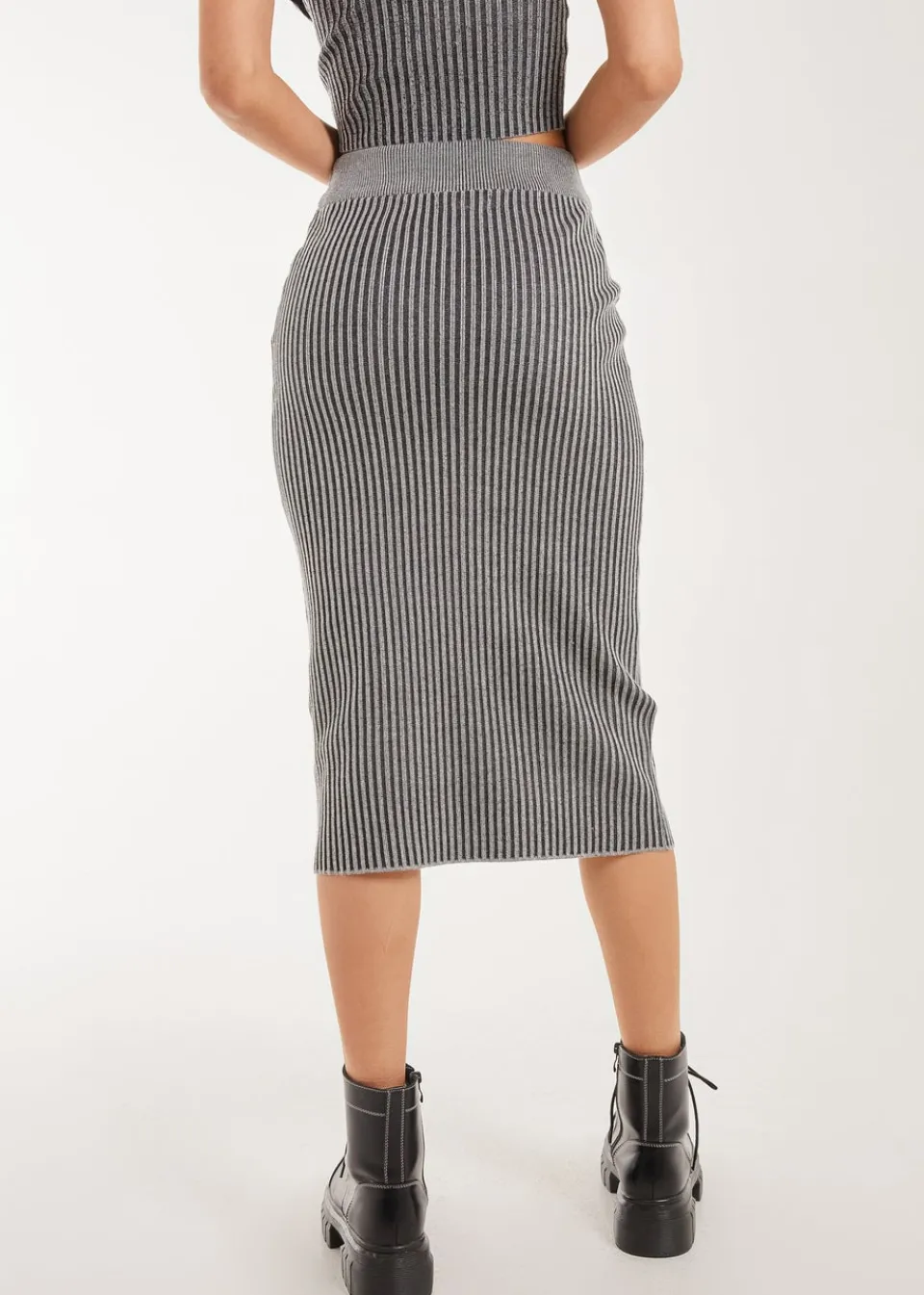 Skirts>Pink Vanilla Black Two Tone Rib Midi Skirt