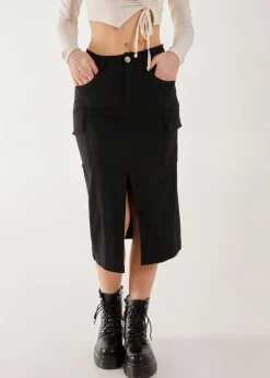 Skirts>Pink Vanilla Utility Cargo Midi Slit Skirt Black
