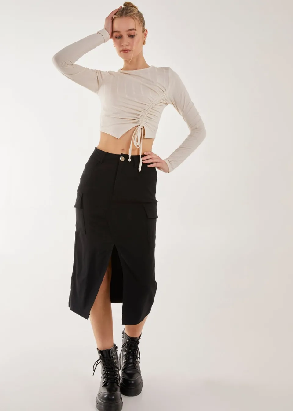 Skirts>Pink Vanilla Utility Cargo Midi Slit Skirt Black