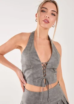 Tops>Pink Vanilla Black Washed PU Tie Detail Corset Top