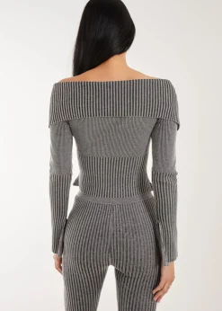 Tops>Pink Vanilla Black Washed Rib Fold-Over Cardigan