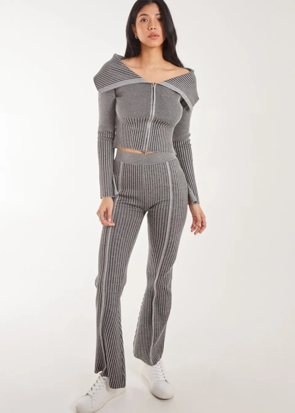 Tops>Pink Vanilla Black Washed Rib Fold-Over Cardigan